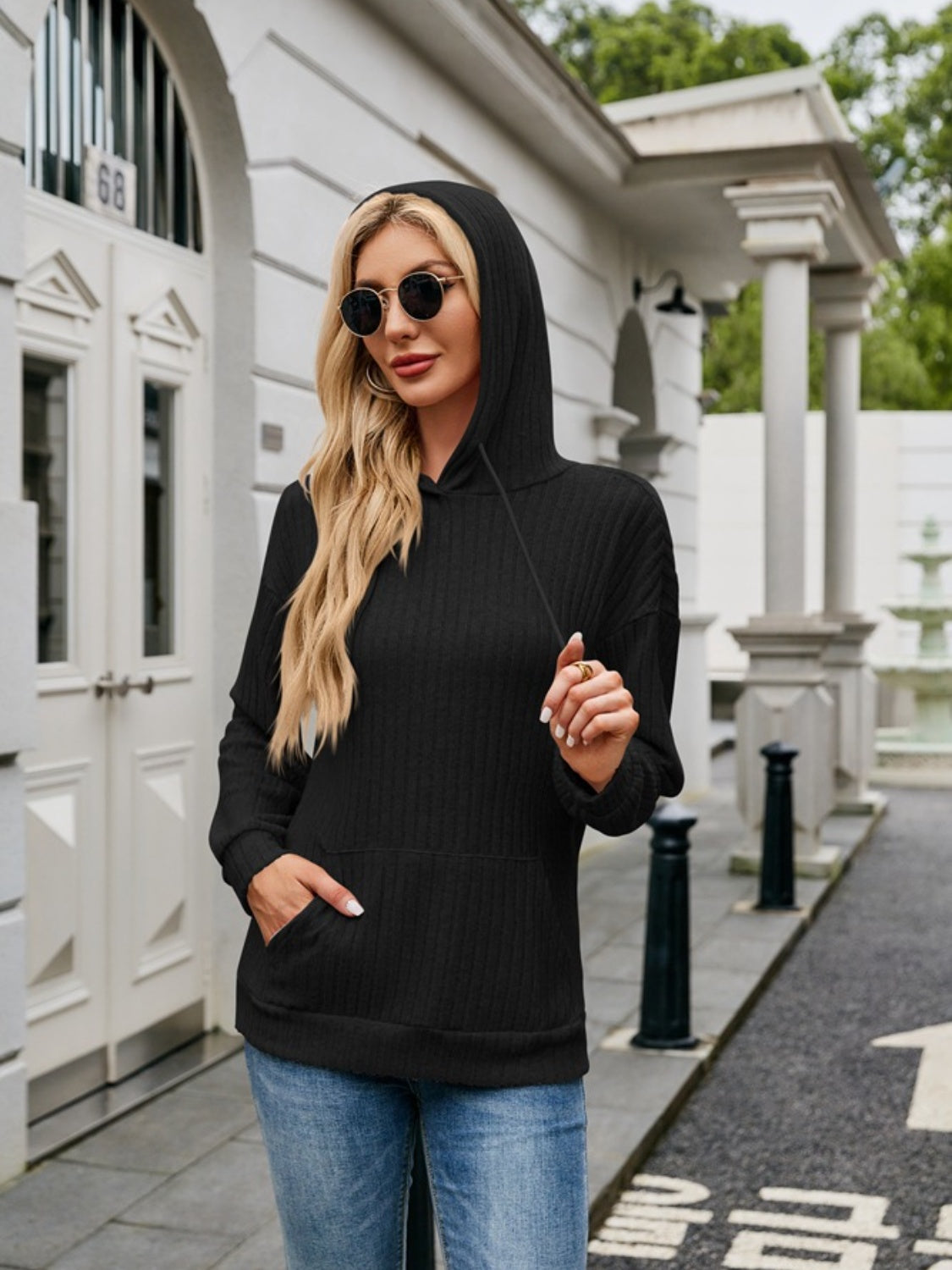 NicholesGifts Women Ribbed Drawstring Long Sleeve Hoodie NicholesGifts