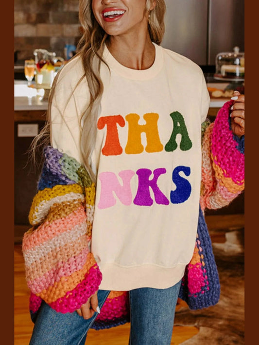 THANKS Round Neck Long Sleeve Sweatshirt Trendsi