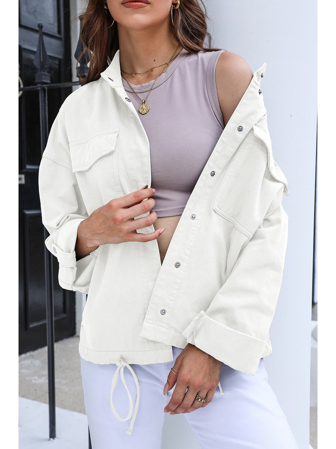 Drawstring Snap Down Dropped Shoulder Denim Jacket NicholesGifts