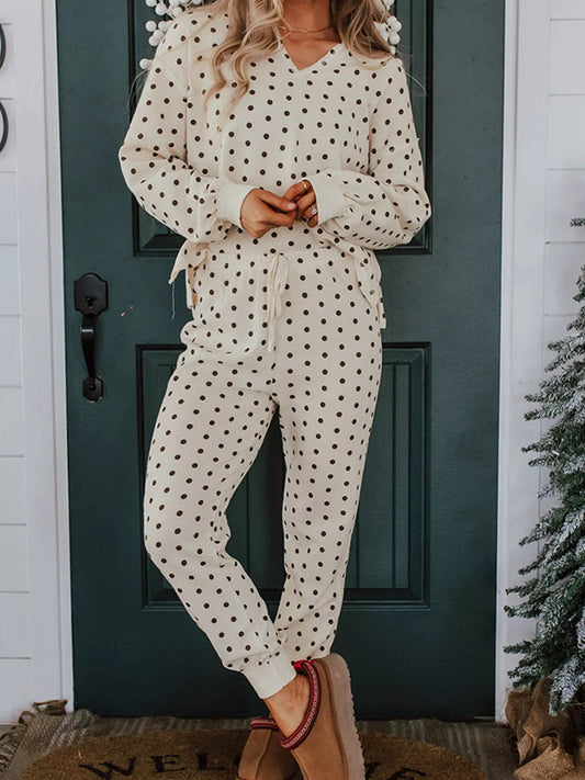Polka Dot Notched Long Sleeve Top and Drawstring Joggers Lounge Set Trendsi