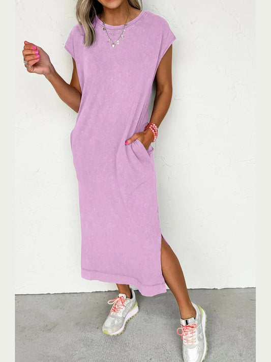 Side Split Round Neck Cap Sleeve T-Shirt Dress NicholesGifts