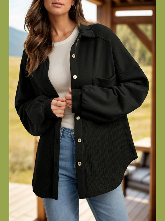 Waffle-Knit Collared Neck Long Sleeve Shacket