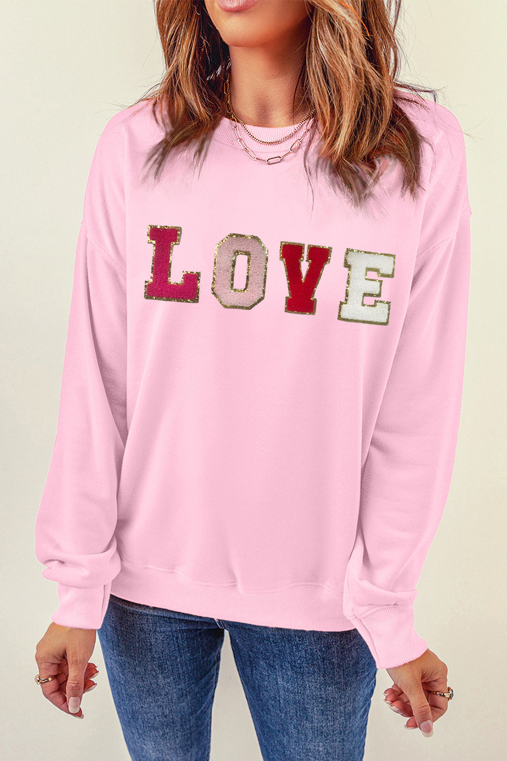 Women Love Patch Round Neck Dropped Shoulder Sweatshirt NicholesGifts