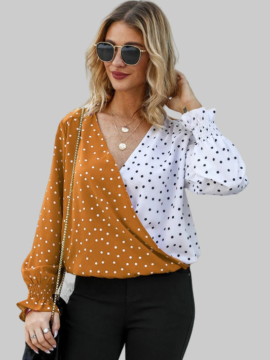 Ivy Lane Polka Dot Surplice Neck Lantern Sleeve Blouse nicholesgifts
