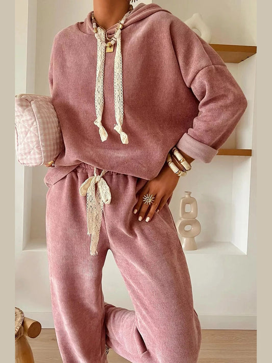Lace Detail Dropped Shoulder Hoodie and Pants Set nicholesgifts