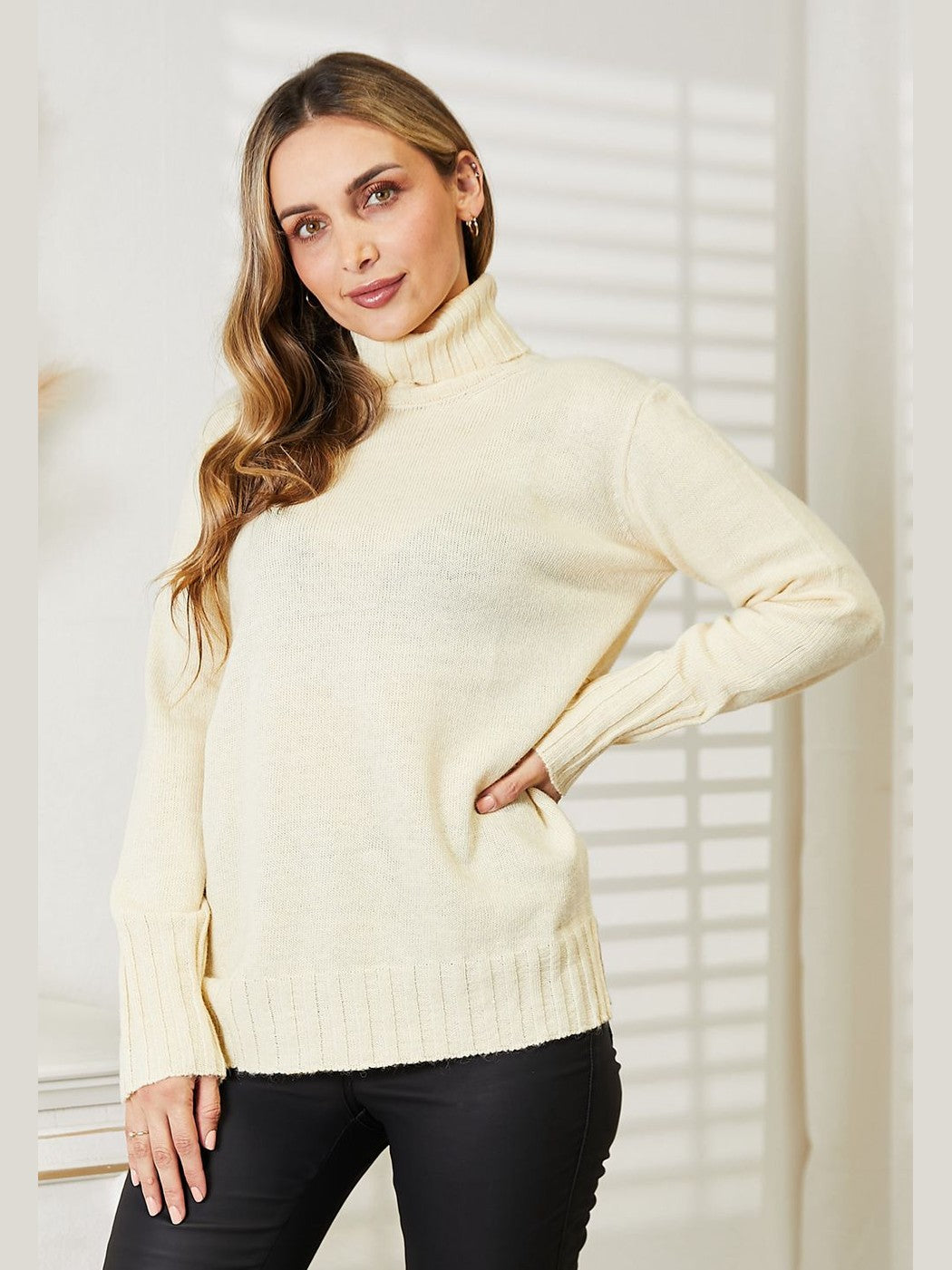 Heimish Full Size Long Sleeve Turtleneck Sweater with Side Slit Trendsi