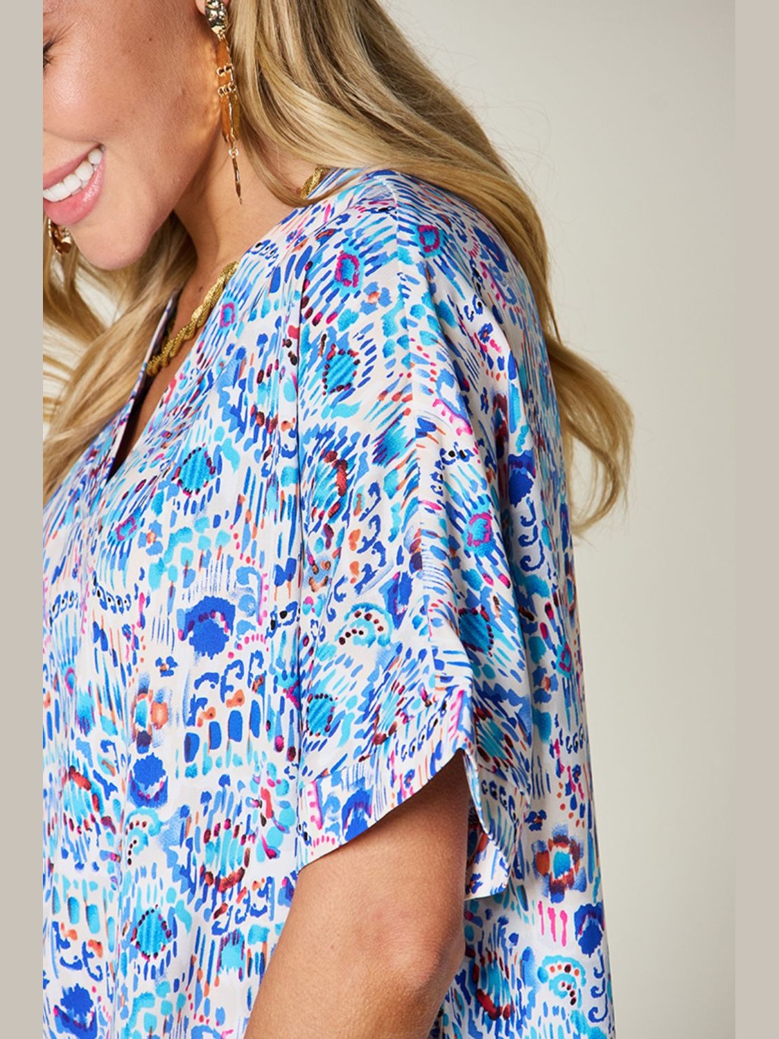 Women Double Take Full Size Printed V-Neck Short Sleeve Blouse