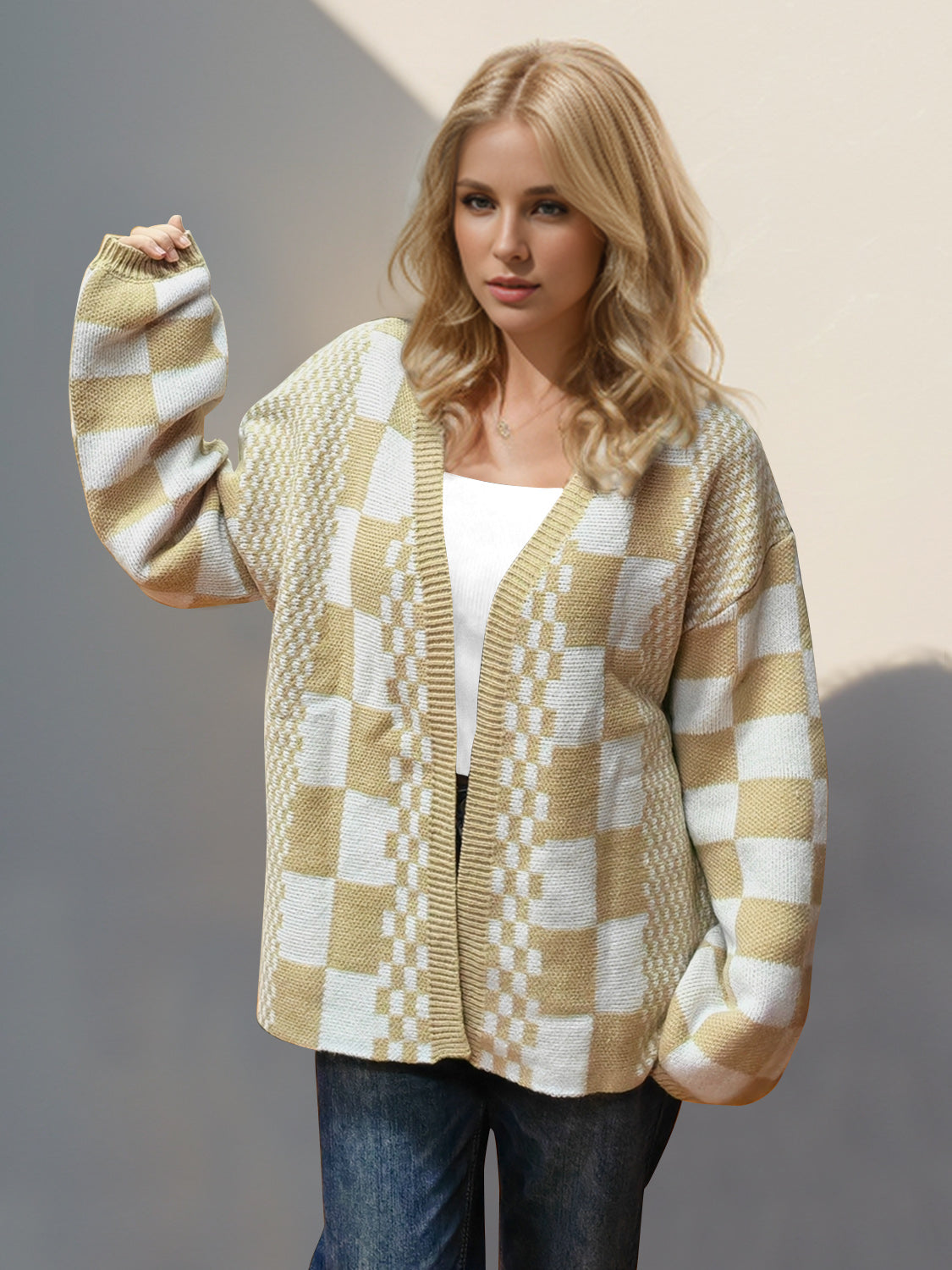 Women Double Take Checkered Open Front Dropped Shoulder Cardigan NicholesGifts