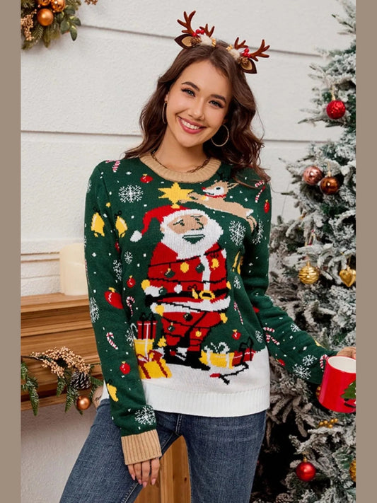 Santa Round Neck Long Sleeve Sweater Trendsi