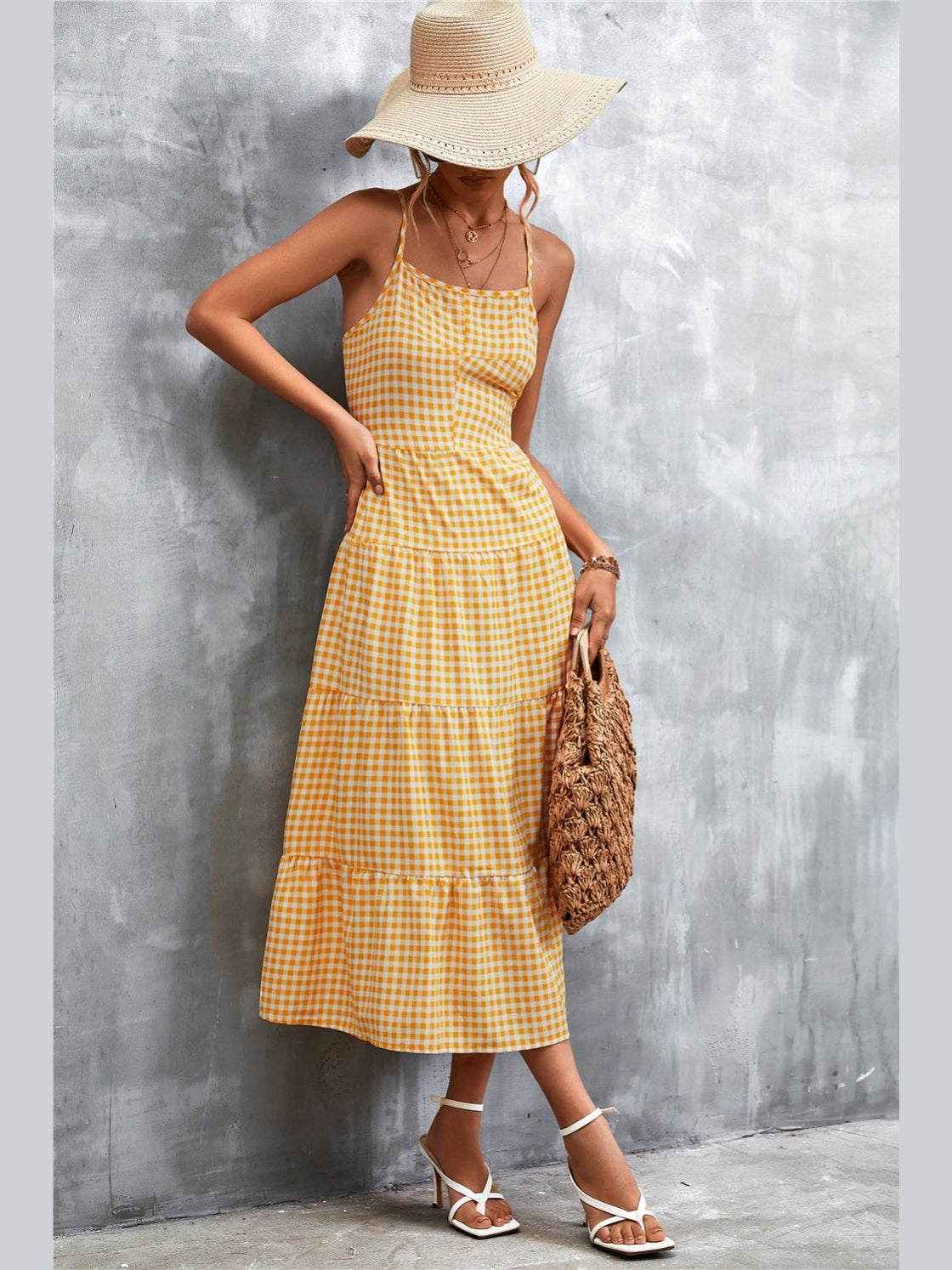 Women Plaid Square Neck Tan Colored Midi Cami Dress