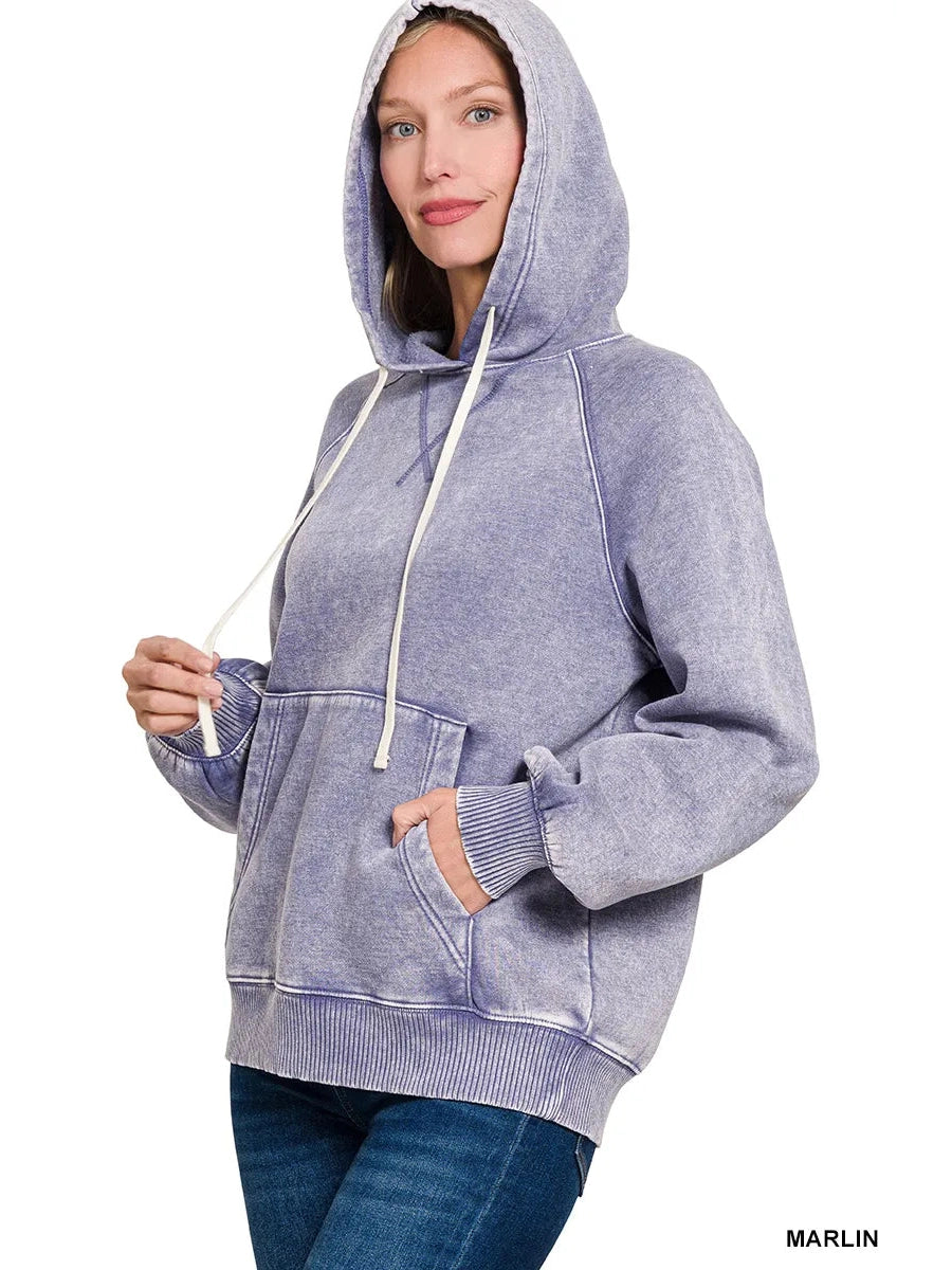 Zenana Acid Wash Fleece Hoodie with Kangaroo Pocket