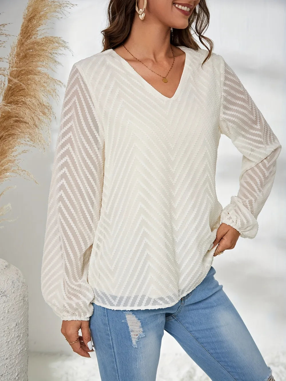 Textured V-Neck Balloon Sleeve Blouse nicholesgifts