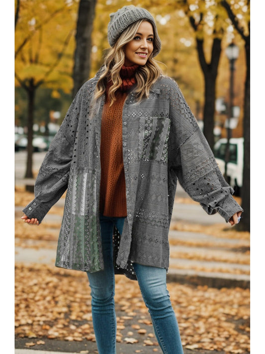 Openwork Button Up Long Sleeve Shacket NicholesGifts