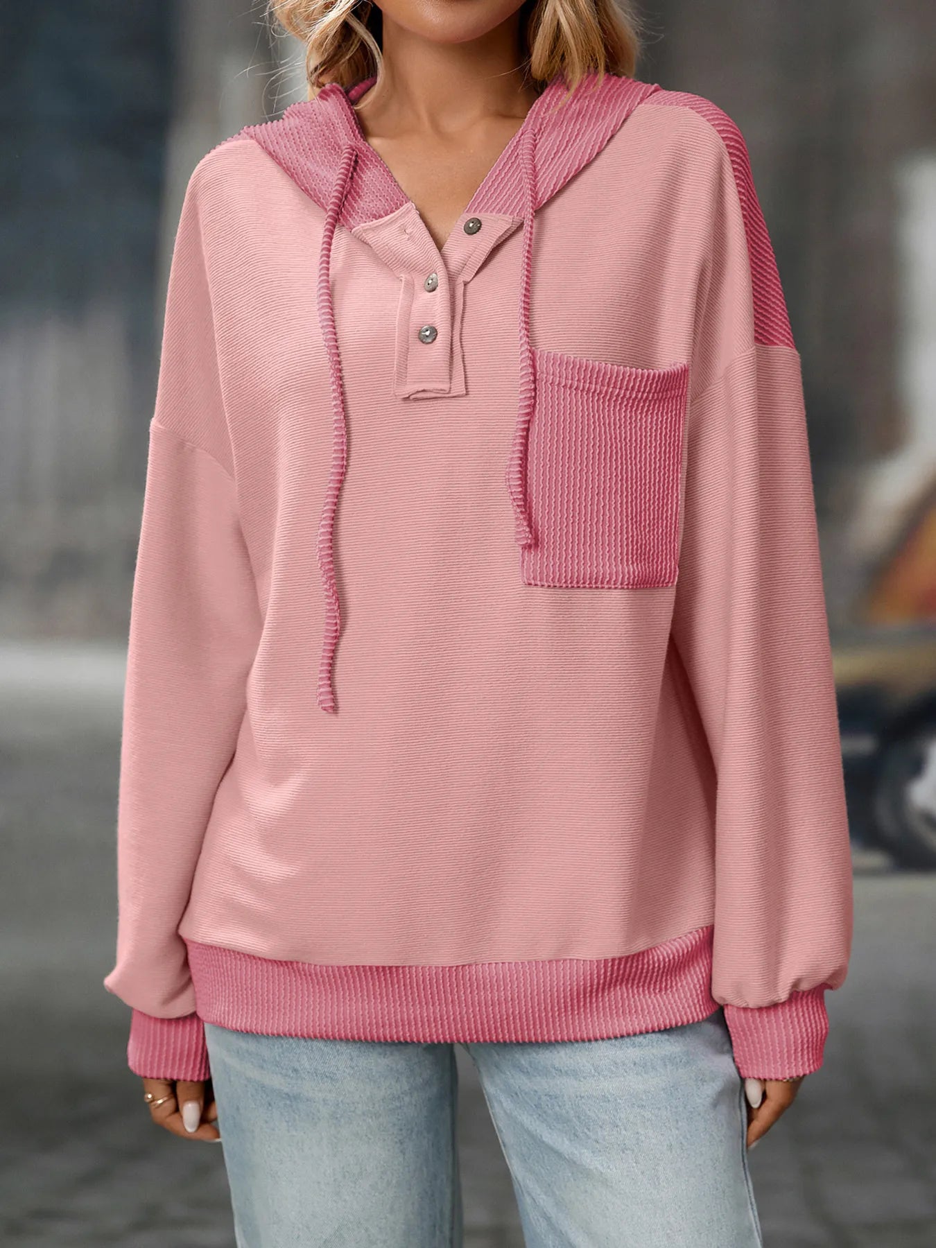 Drawstring Button Detail Long Sleeve Hoodie