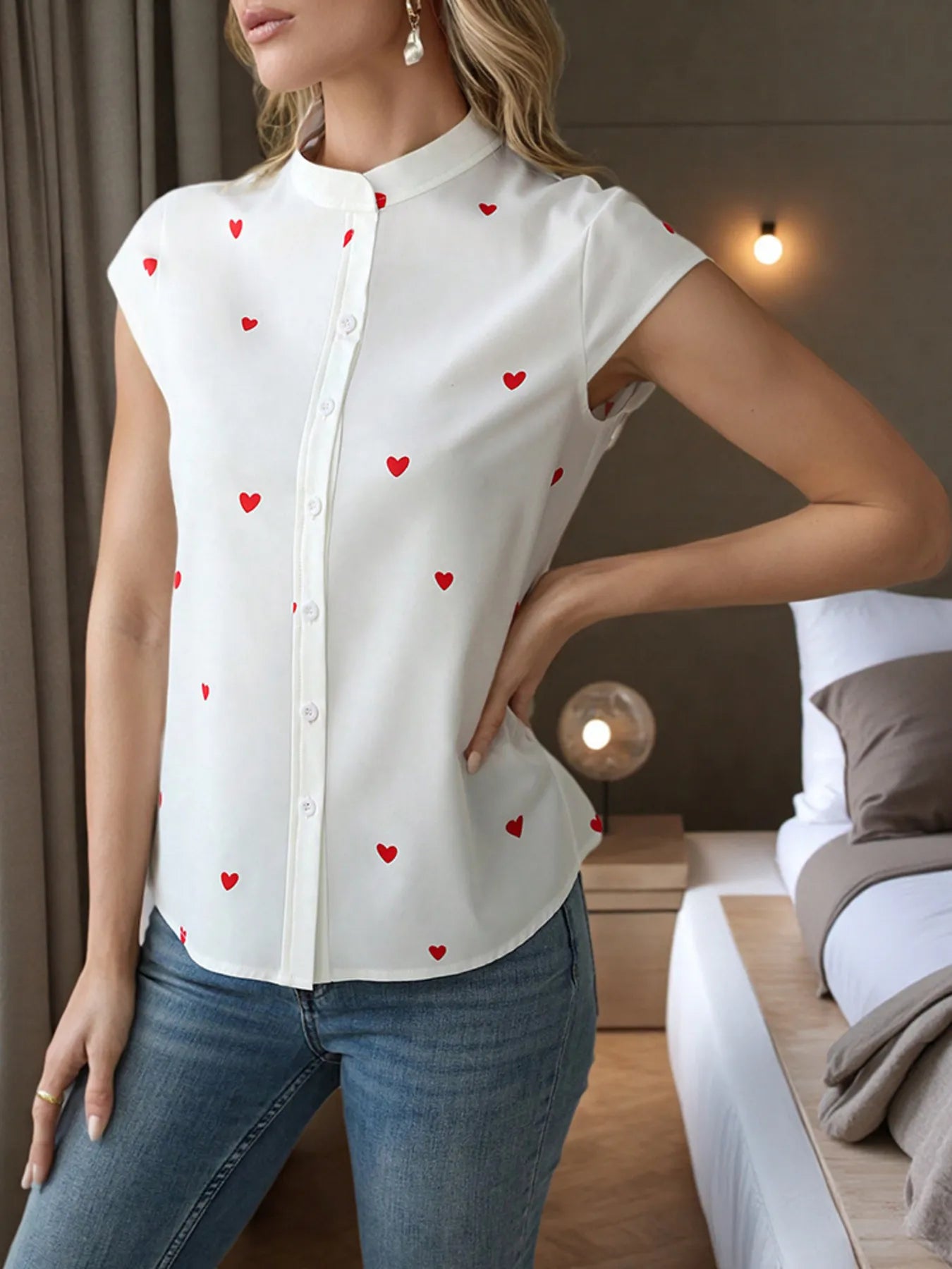Heart Print Cap Sleeve Button-Up Shirt Trendsi