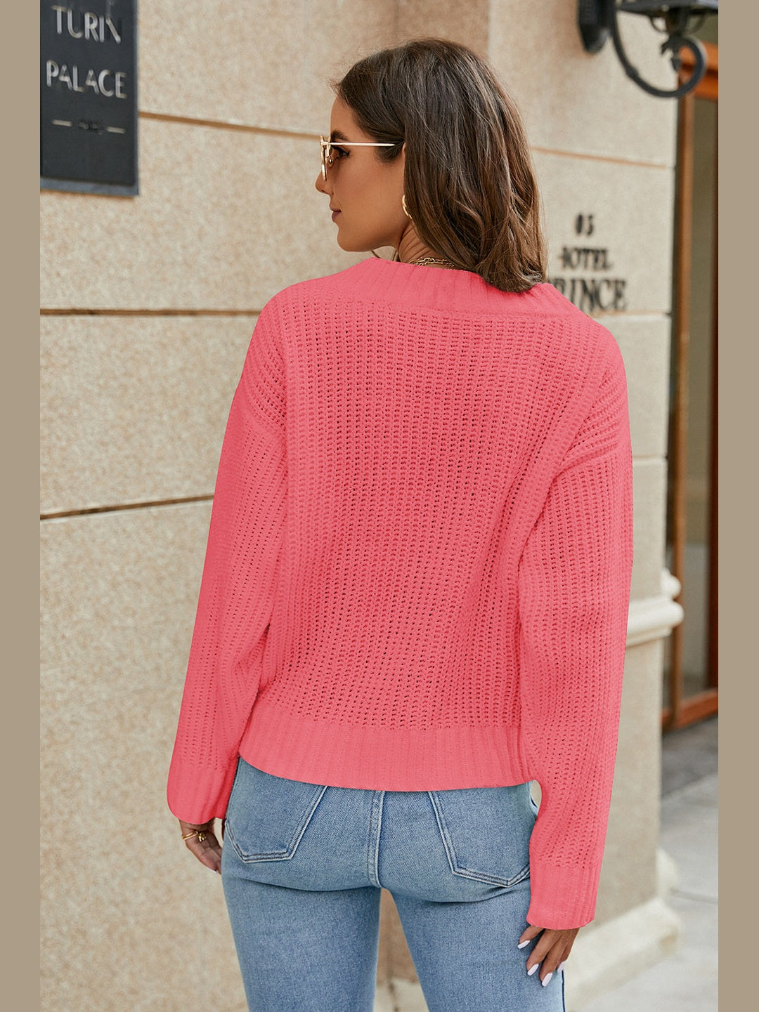 Openwork Surplice Long Sleeve Sweater Trendsi