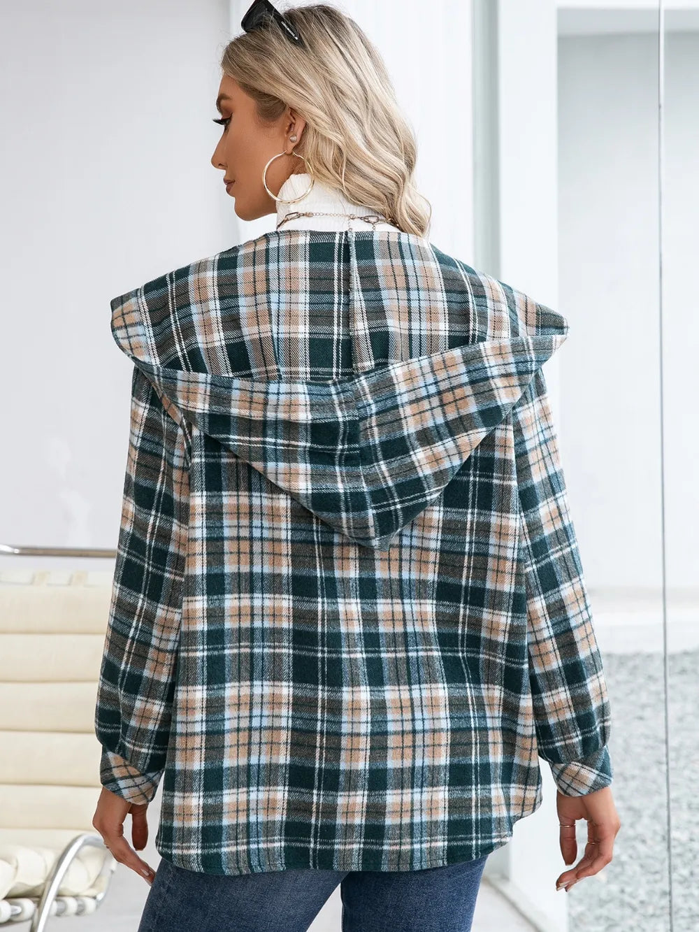 Ivy Lane Plaid Snap Down Hooded Jacket nicholesgifts