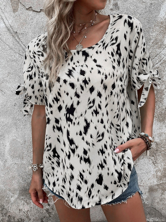 Women Tied Printed Boat Neck Blouse NicholesGifts