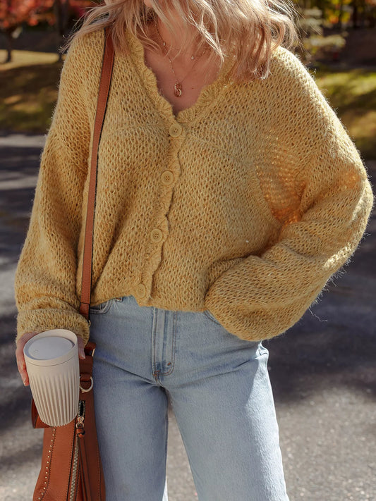 Women Lantern Sleeve Scallop V Neck Buttoned Front Cardigan