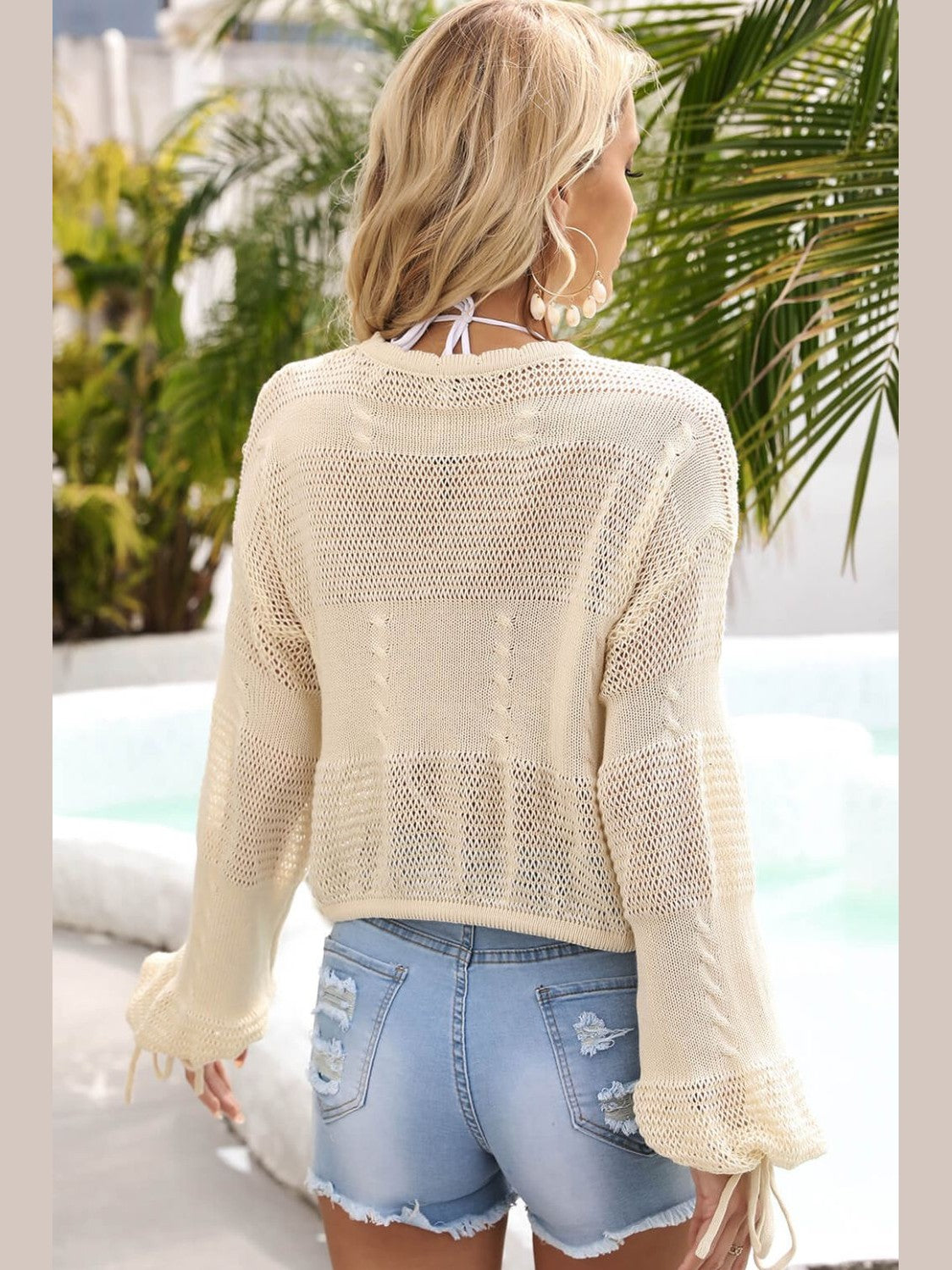 Drawstring Hem Round Neck Cropped Cover Up NicholesGifts