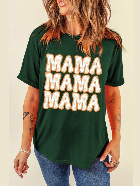 Women MAMA Round Neck Short Sleeve Green T-Shirt