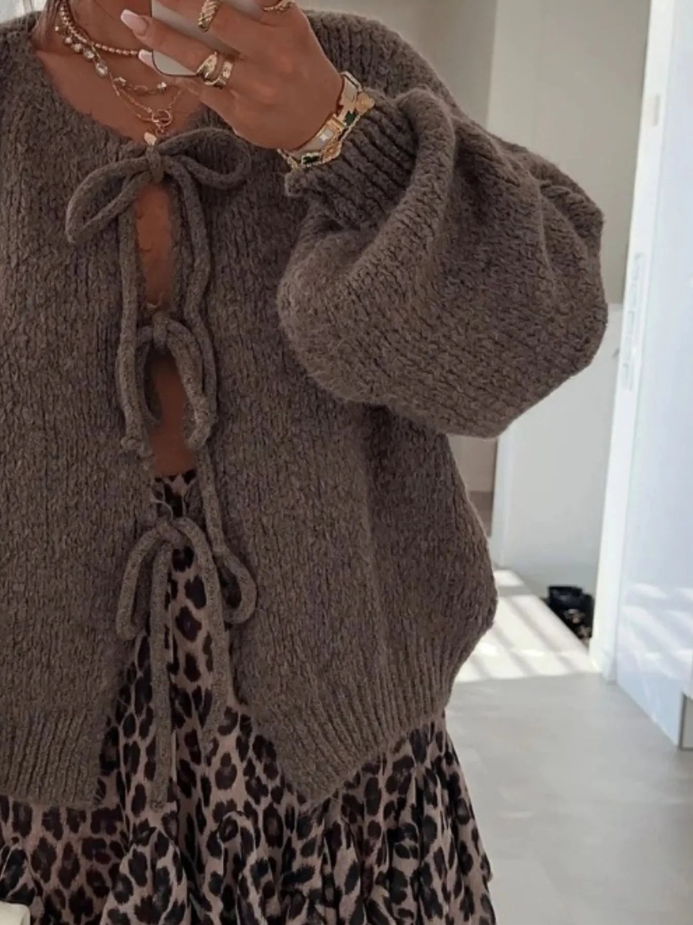 Cozy Bow-Tie Front Knit Cardigan Trendsi