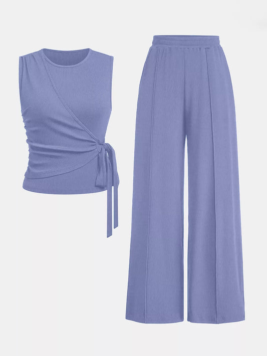 Side Tie Round Neck Tank and Pants Set Trendsi