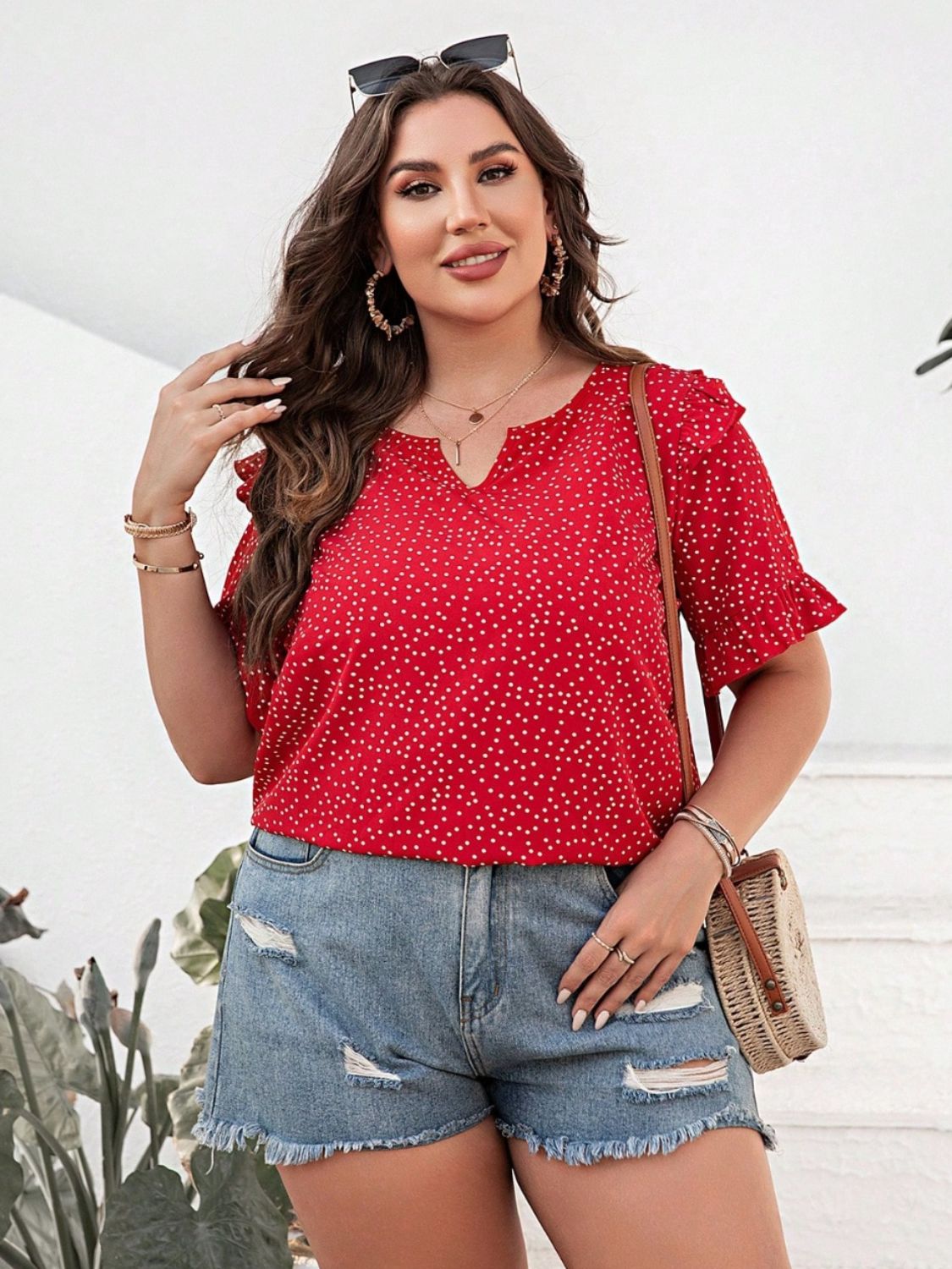 Plus Size Polka Dot Notched Flounce Sleeve Blouse NicholesGifts