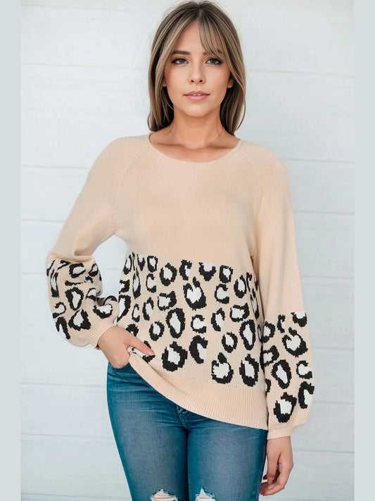 Round Neck Leopard Print Stitched Long-Sleeved Sweater Trendsi