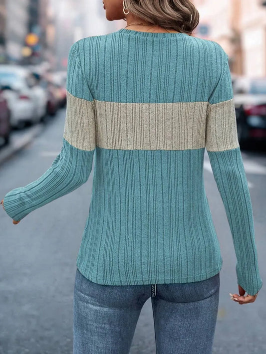 Color Block Round Neck Long Sleeve Top nicholesgifts