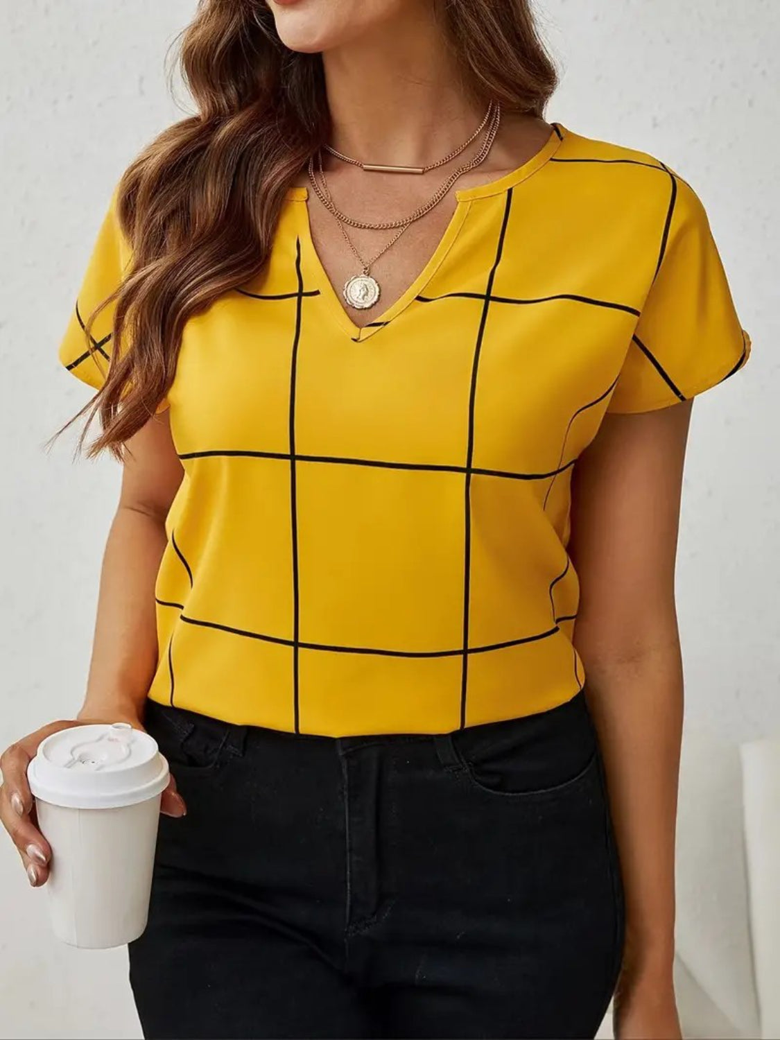Women Plaid Contrast Notched Blouse NicholesGifts