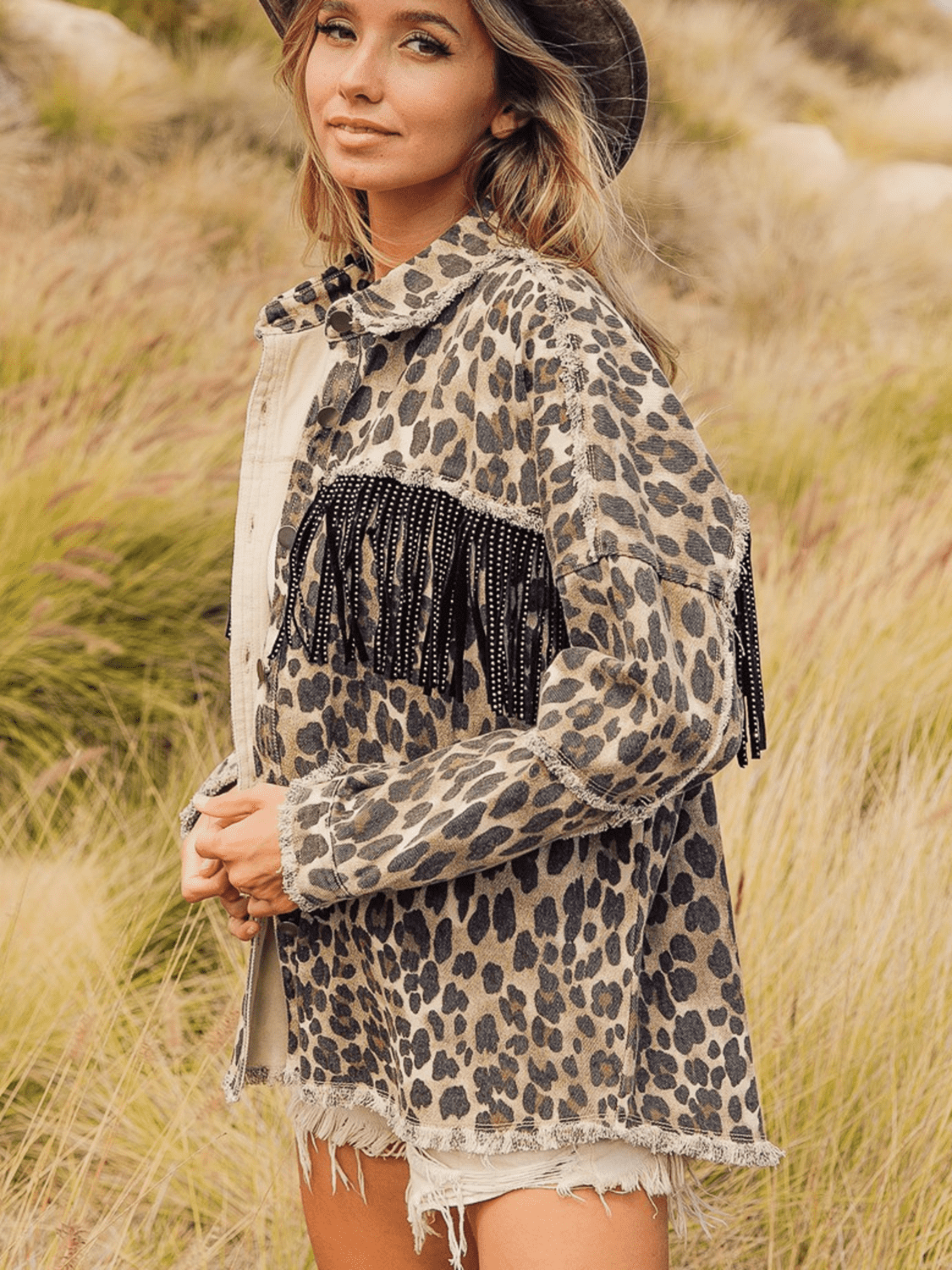 Leopard Fringe Detail Collared Neck Denim Jacket nicholesgifts