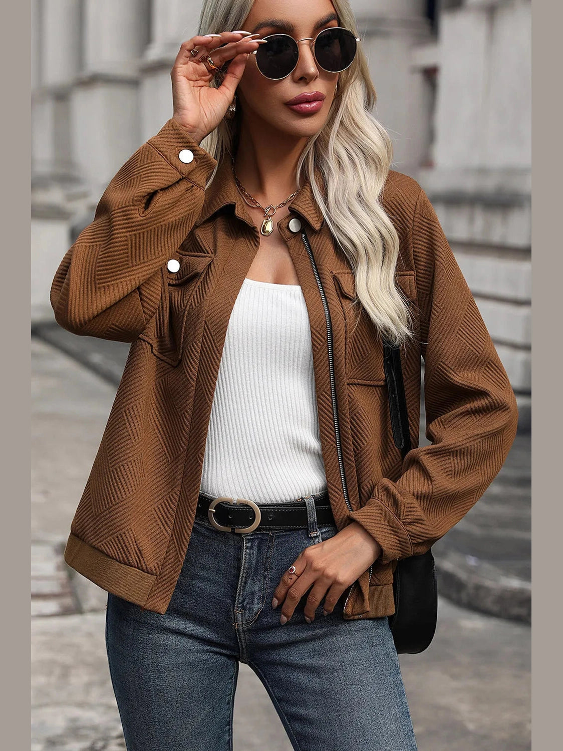 Perfee Textured Zip Up Collared Neck Jacket nicholesgifts