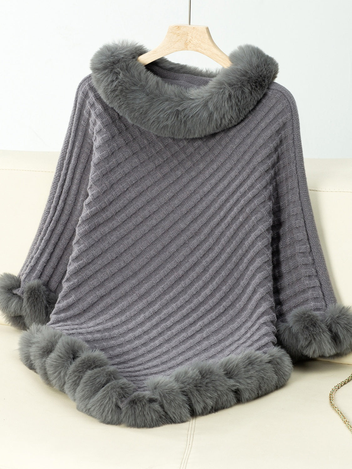 NicholesGifts Women Fuzzy Trim Texture Three-Quarter Sleeve Poncho NicholesGifts
