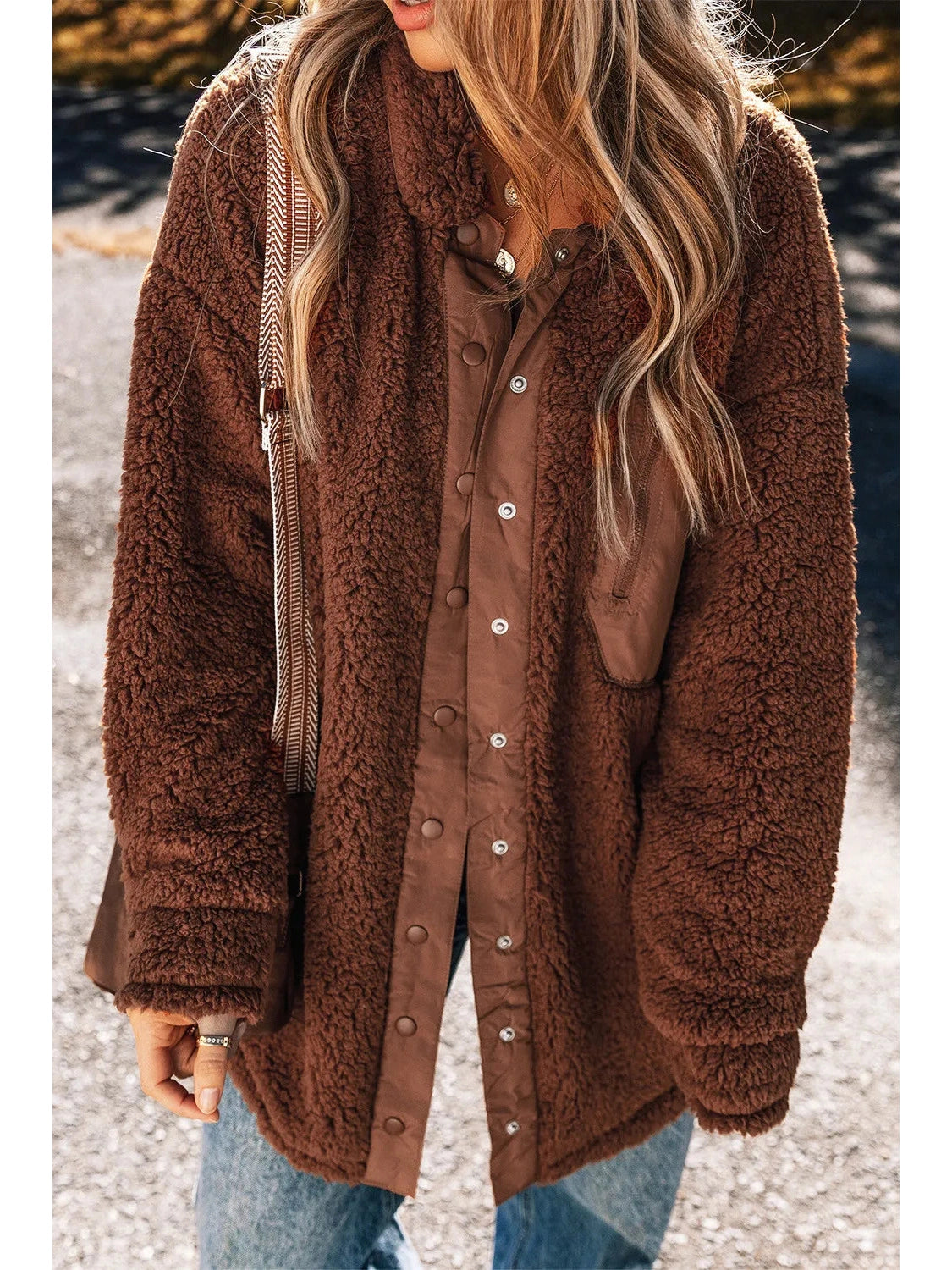 Fuzzy Snap Down Dropped Shoulder Jacket NicholesGifts