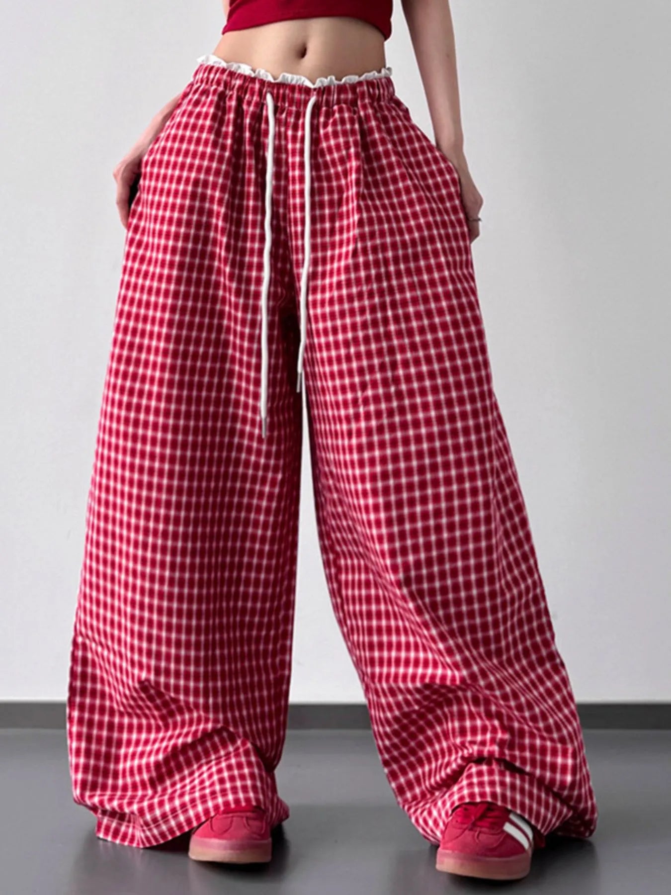 Drawstring Plaid Wide Leg Pants Trendsi