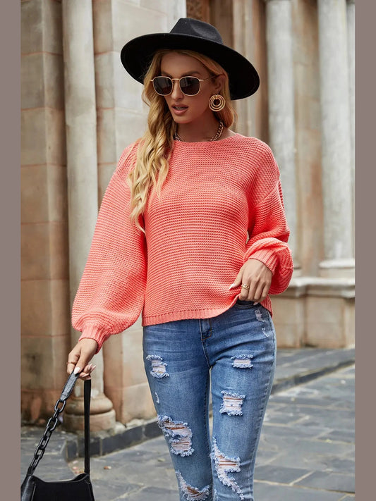 Round Neck Lantern Sleeve Sweater Trendsi