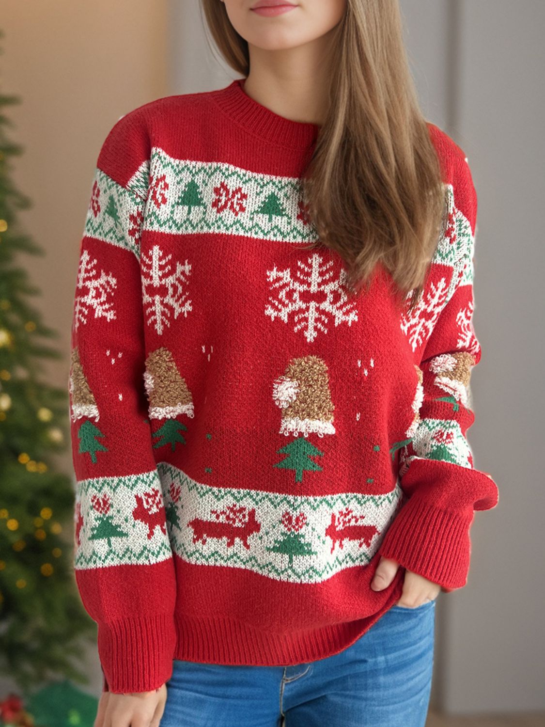 Christmas Element Round Neck Long Sleeve Sweater NicholesGifts