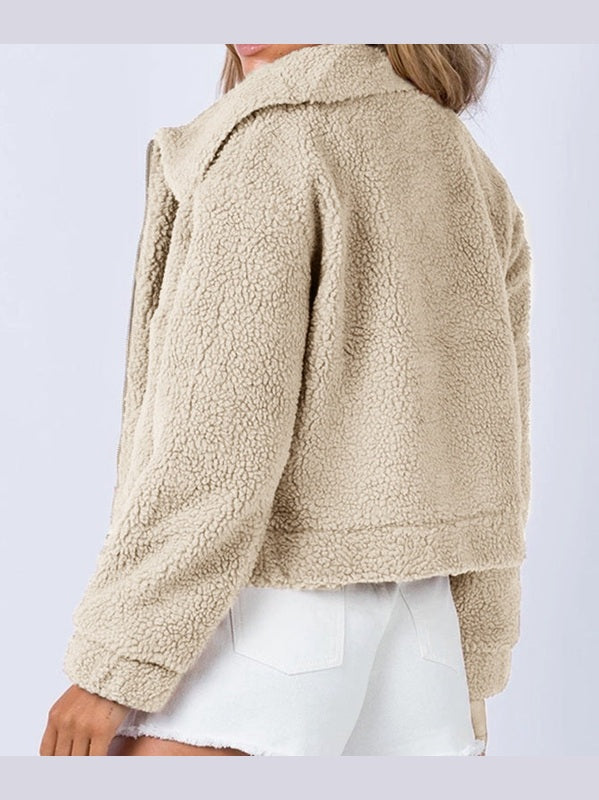 Long Sleeve Collared Neck Sherpa Jacket nicholesgifts