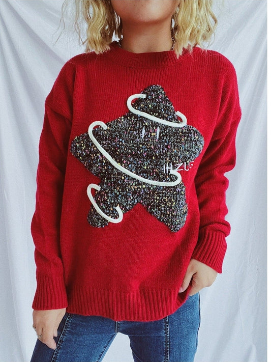 Contrast Star Round Neck Long Sleeve Sweater