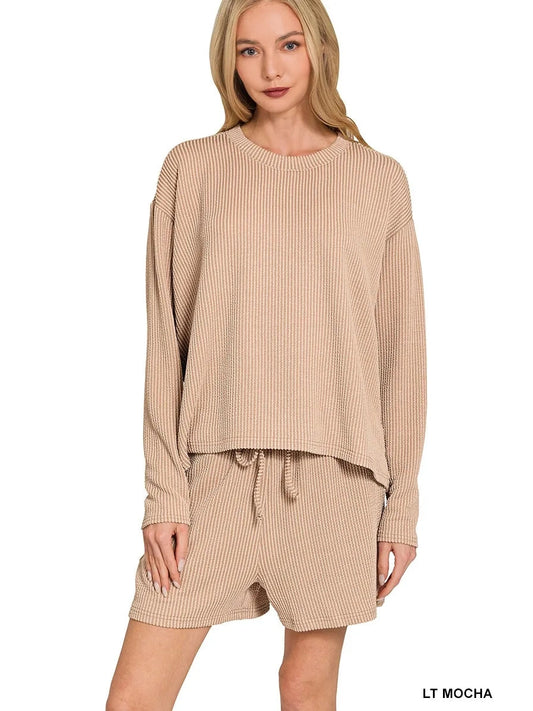 Zenana Corded Rib Long Sleeve Tee and Shorts Set NicholesGifts