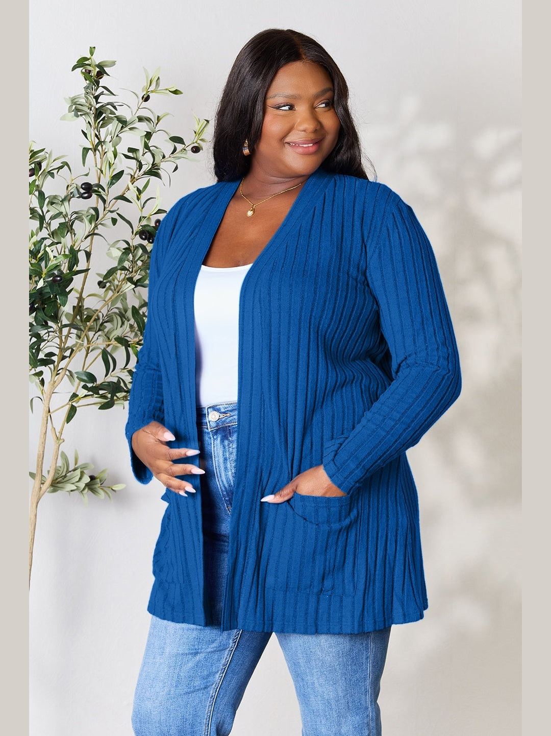 NicholesGifts Women Basic Bae Full Size Ribbed Open Front Cardigan with Pockets NicholesGifts