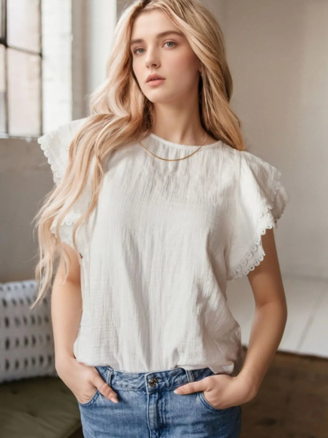 Crinkled Layered Ruffled Flutter Sleeve Blouse NicholesGifts