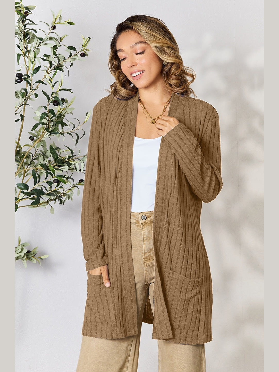 NicholesGifts Women Basic Bae Full Size Ribbed Open Front Cardigan with Pockets NicholesGifts