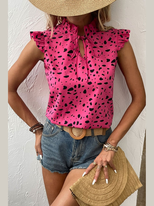 Women Tied Printed Tie Neck Cap Sleeve Blouse