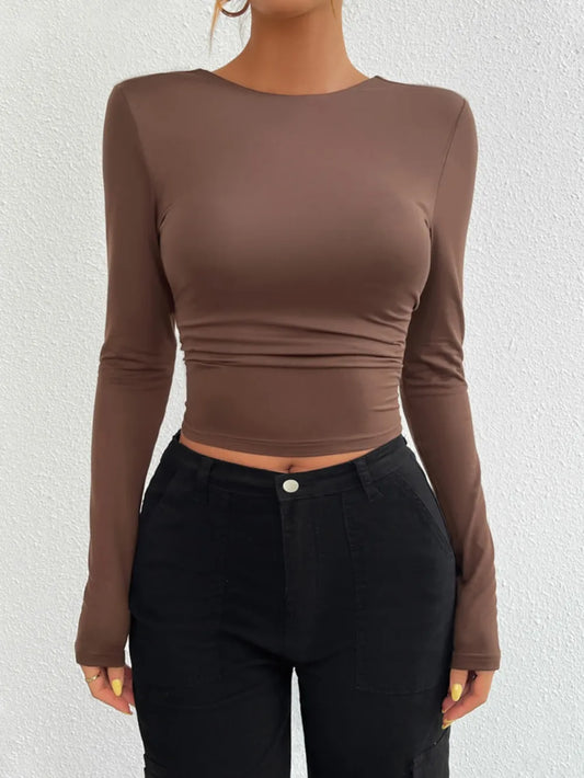 Devine Backless Round Neck Long Sleeve T-Shirt NicholesGifts