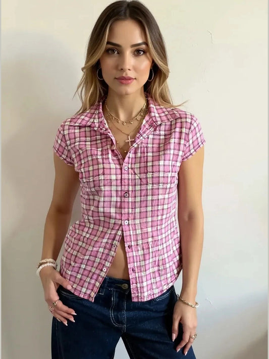 Plaid Cap Sleeve Button-Up Shirt