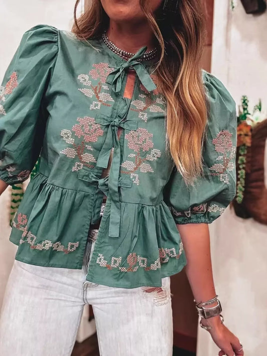 Women Green Floral Tie Front Puff Short Sleeve Blouse