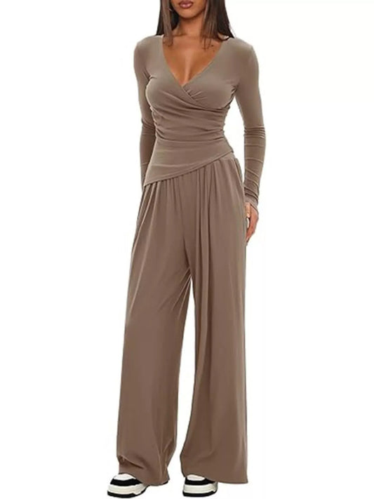 Casual Long Sleeve Top and Wide Leg Pants Set nicholesgifts