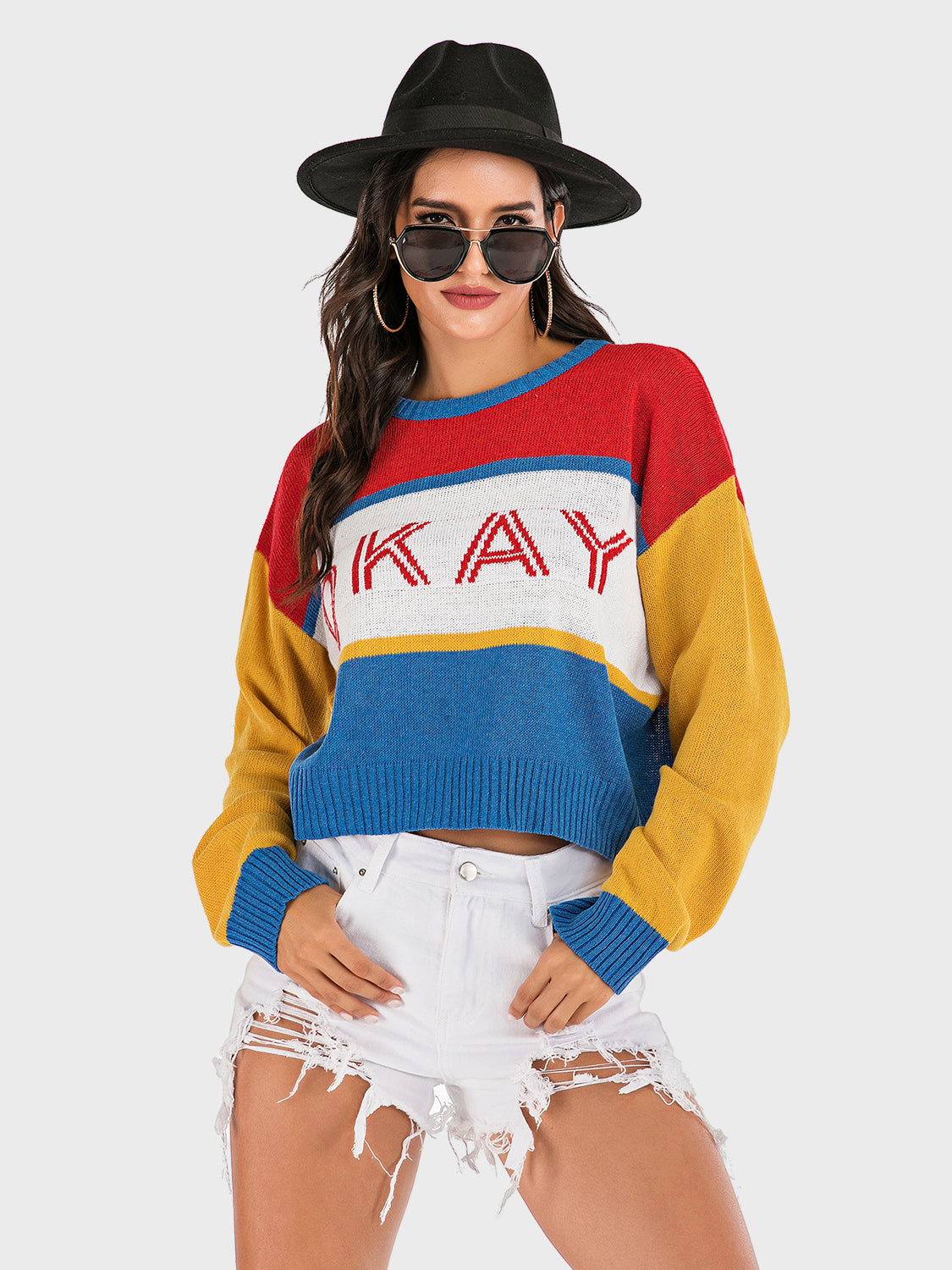 Perfee OKAY Contrast Dropped Shoulder Long Sleeve Sweater NicholesGifts